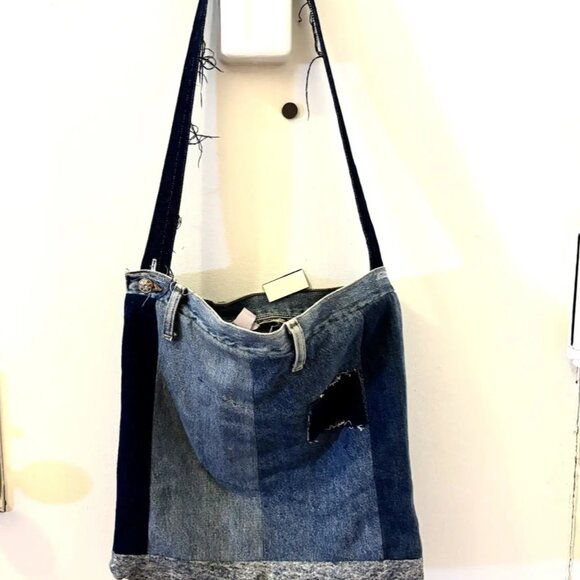 Patchwork Denim Jean Tote Bag Shoulder Bag Upcycled Blue Jeans - Picture 2 of 9